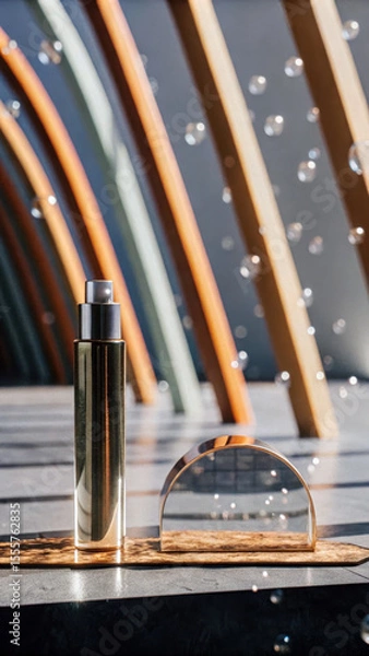 Fototapeta Golden bottle and glass dome with floating spheres image