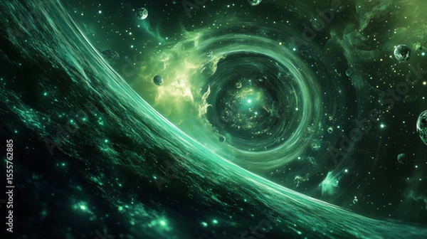 Fototapeta An ethereal green vortex swirls amidst a star speckled cosmic ocean, a stunning display of interstellar energy and captivating celestial phenomenon.