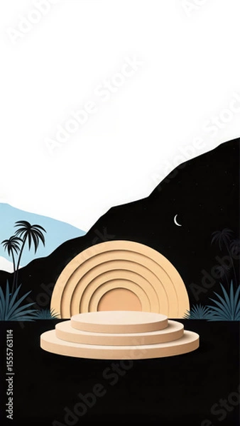 Fototapeta Layered paper cut style 3d podium with tropical night landscape image