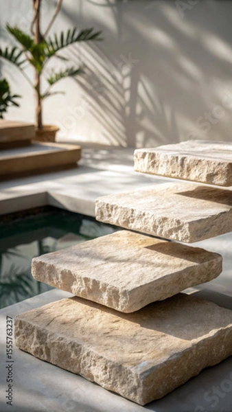 Fototapeta Layered stone slabs near water with plant shadows pool