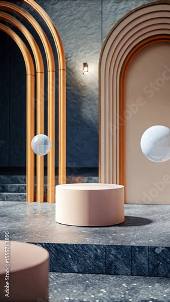 Fototapeta Minimalist pedestal with pastel spheres and arched structures image