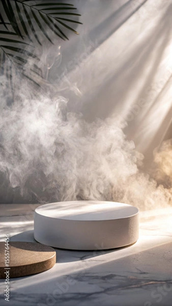 Fototapeta Minimalist white podium with smoke and palm leaf shadows circular mist