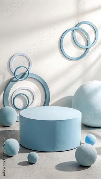Fototapeta Pastel blue geometric display with spheres and rings image