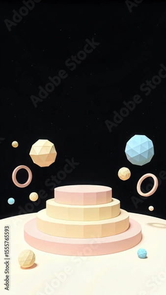 Fototapeta Pastel geometric spheres and rings floating around a tiered podium abstract