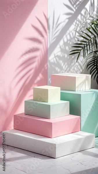 Fototapeta Pastel geometric blocks soft shadows pink mint