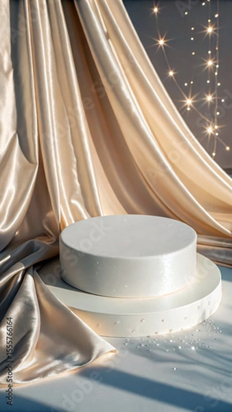 Fototapeta Pearl white round platform draped with satin fabric image