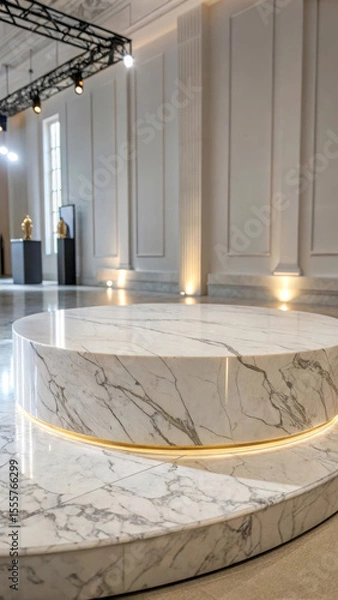 Fototapeta Polished white marble circular platform with golden trim image