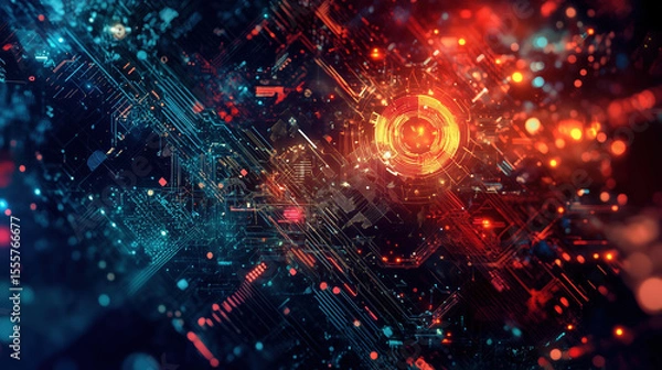Fototapeta Digital circuitry glows with a vibrant, intricate network of blue and red connections, suggesting modern technology and data processing.