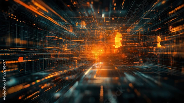 Fototapeta Abstract digital network displays futuristic orange and blue data, conveying high technology and dynamic energy.