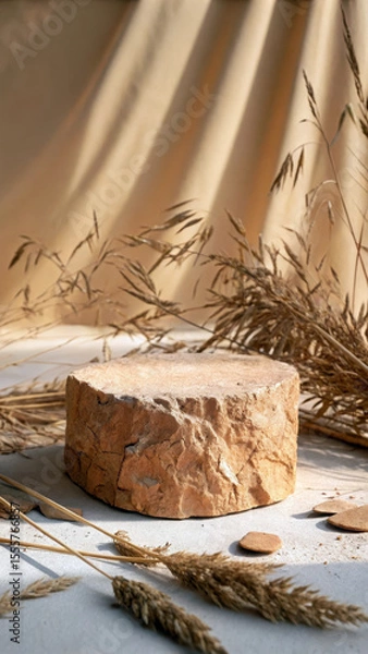 Fototapeta Rough textured natural clay podium with dried grass image