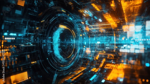 Fototapeta Stunning blue and orange digital artwork displays futuristic technology and abstract circular data streams, creating an advanced, high-tech vision.