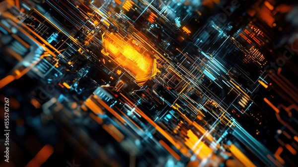 Fototapeta Intricate digital circuitry glows with warm orange and cool blue light, evoking advanced technology and complex systems.
