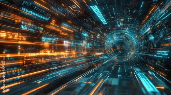 Fototapeta Futuristic data stream flows through a digital tunnel with neon lights, illustrating network technology and abstract cyberspace.