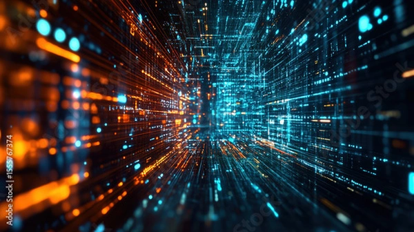 Fototapeta Vibrant data streams flow through a digital network, illustrating modern technology and abstract futuristic concepts with orange and blue colors.