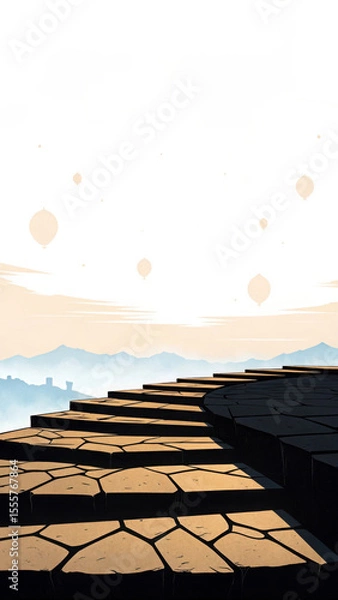 Fototapeta Stone steps ascend towards distant hazy mountains under a sky with floating orbs pathway abstract