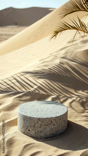 Fototapeta Textured gray stone pedestal on sand with palm shadows image