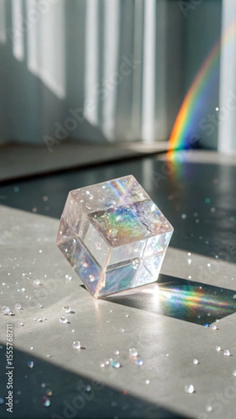 Fototapeta Translucent cube refracting rainbow light crystal