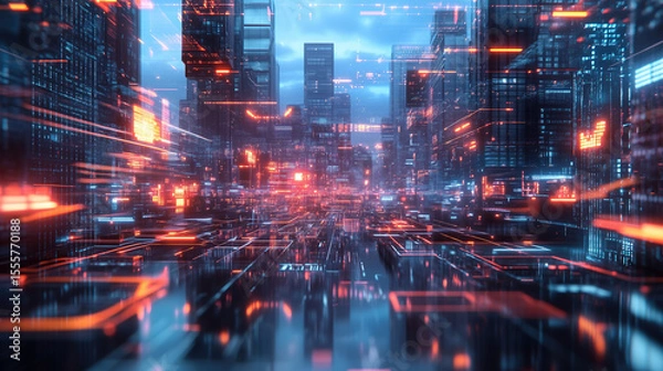 Fototapeta Futuristic metropolis showcases glowing digital lines and skyscrapers in a vibrant cyberpunk style for technology concepts.