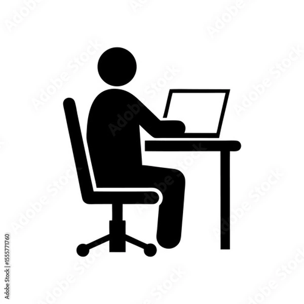Fototapeta A simple black icon of a person working on a laptop at a desk isolated on white background