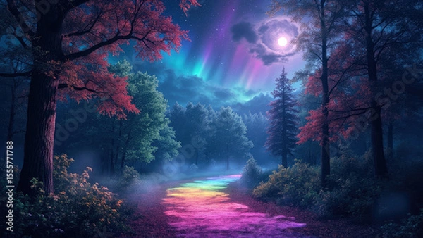 Fototapeta Night forest scene with rainbow path aurora borealis full moon and colorful trees in a dreamy atmosphere