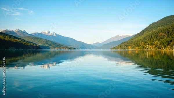Fototapeta Tranquil lake scene with mountain backdrop featuring snow-capped peaks and lush green forested hills under a clear blue sky