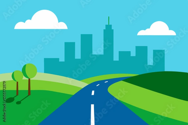 Fototapeta A minimalist landscape design featuring a highway that cuts through green rolling hills