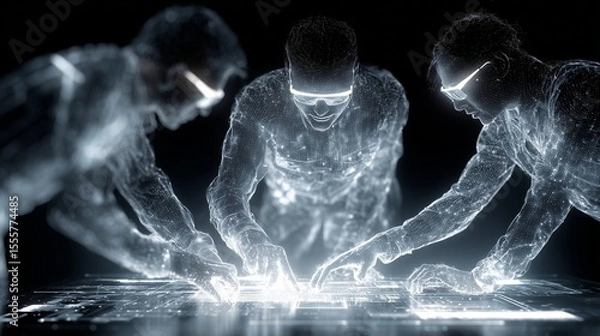 Fototapeta Team working on a futuristic holographic interface, advanced technology and digital teamwork concept