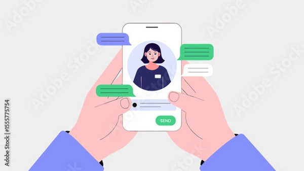 Fototapeta user's hands holding smartphone with customer service chat, vector illustration for online store support, live chat assistance and mobile helpdesk
