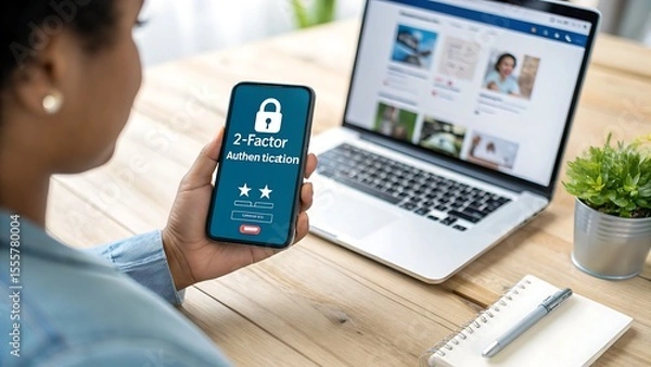 Obraz Woman holding smartphone displaying two factor authentication login screen