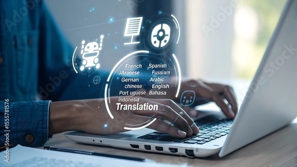 Obraz Person using laptop for online language translation services with digital interface