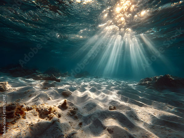 Fototapeta Underwater background with a deep blue sea and beautiful light rays on a sandy floor