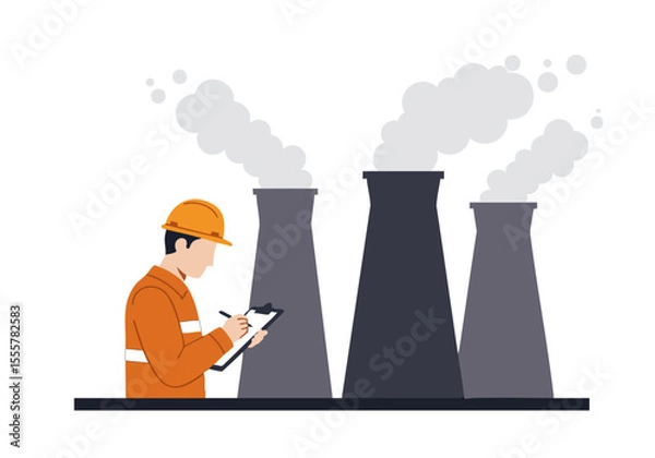 Fototapeta A record monitor observes industrial smokestacks. A worker in a safety vest documents emissions, highlighting environmental monitoring. Clean, modern illustration.