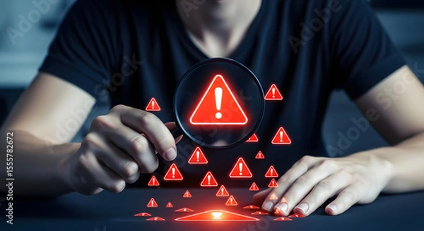 Fototapeta Person using magnifying glass to focus on red warning signs, symbolizing alert detection and critical issue identification.