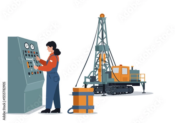 Fototapeta A female technician troubleshoots a mobile drilling rig, monitoring controls. Industrial setting, clear composition, professional focus.