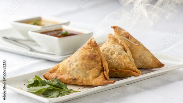 Fototapeta Photo of three golden brown samosas steam on a white plate garnished with cilantro and two small bowls of sauce