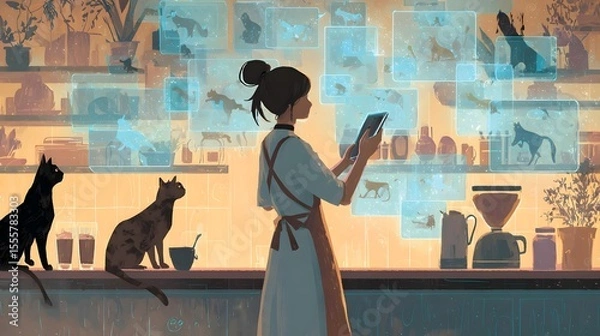 Fototapeta A woman in an apron interacts with a digital display of cats in a cozy caf?, with cats nearby