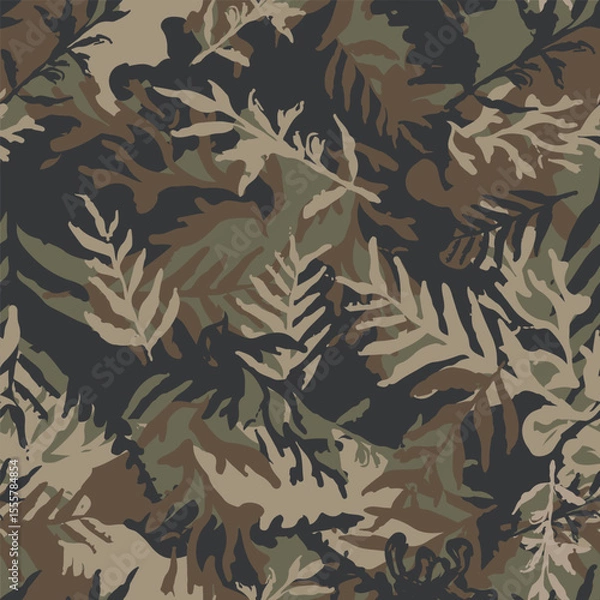 Obraz Hand drawn camo with leaf, seamless pattern. Grunge branches and herbs khaki green camouflage background. Distressed texture wallpaper. Fabric design. Ink vector