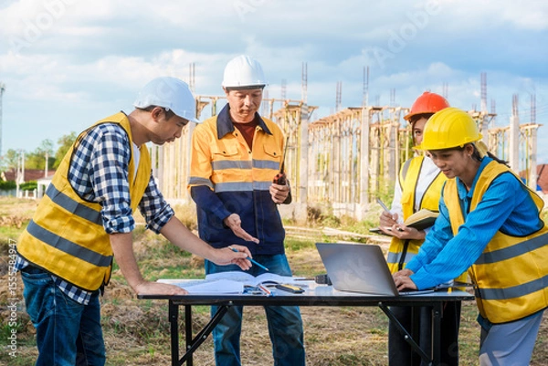 Fototapeta At a table on a construction site, an elderly male safety expert, a middle-aged man, and two young Asian women gather around a laptop to actively document, coordinate plans, and execute projects