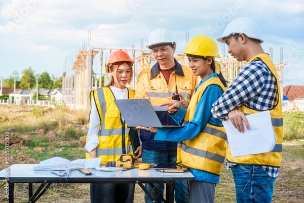 Fototapeta At a table on a construction site, an elderly male safety expert, a middle-aged man, and two young Asian women gather around a laptop to actively document, coordinate plans, and execute projects