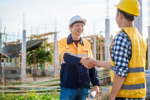 Fototapeta An elderly engineer and a middle-aged man shake hands at a construction site, symbolizing mutual respect, collaboration,professional commitment in engineering and construction project environments