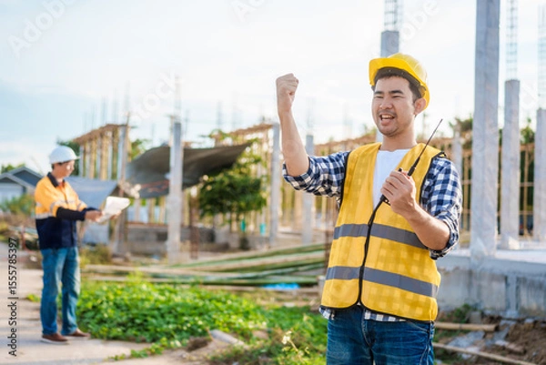 Fototapeta An Asian middle-aged male engineer wearing a yellow safety helmet and reflective vest uses a walkie-talkie at an active construction site, coordinating tasks amid steel beams and building framework