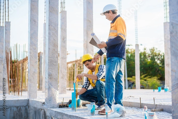 Fototapeta An elderly man and a middle-aged Asian man, both wearing hard hats and reflective vests, closely inspect construction blueprints on site amid an active construction site with beams and columns