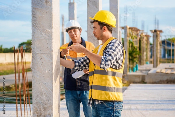 Fototapeta An elderly man and a middle-aged Asian man, both wearing hard hats and reflective vests, closely inspect construction blueprints on site amid an active construction site with beams and columns
