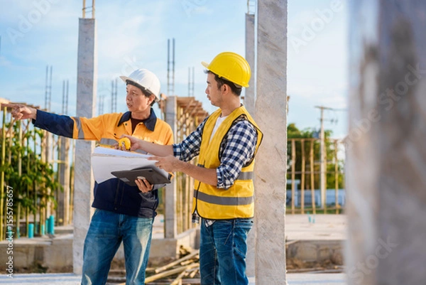 Fototapeta An elderly man and a middle-aged Asian man, both wearing hard hats and reflective vests, closely inspect construction blueprints on site amid an active construction site with beams and columns