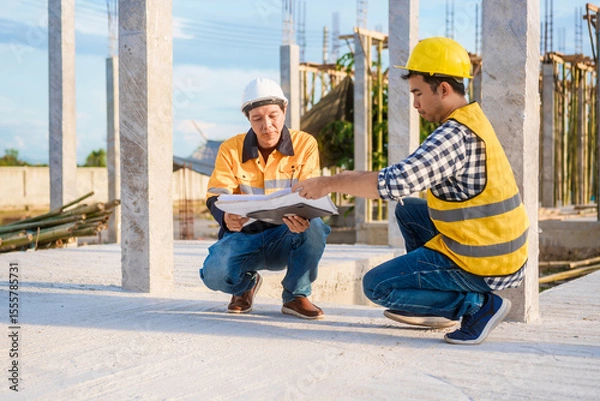 Fototapeta An elderly man and a middle-aged Asian man, both wearing hard hats and reflective vests, closely inspect construction blueprints on site amid an active construction site with beams and columns