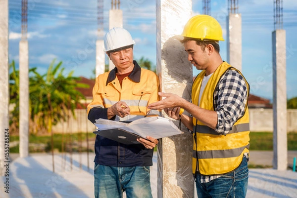 Fototapeta An elderly man and a middle-aged Asian man, both wearing hard hats and reflective vests, closely inspect construction blueprints on site amid an active construction site with beams and columns