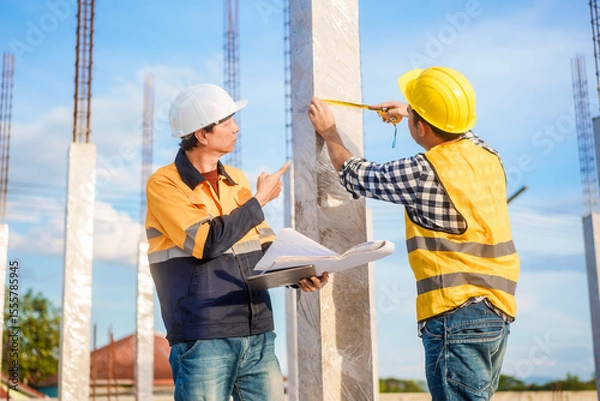 Fototapeta An elderly man and a middle-aged Asian man, both wearing hard hats and reflective vests, closely inspect construction blueprints on site amid an active construction site with beams and columns