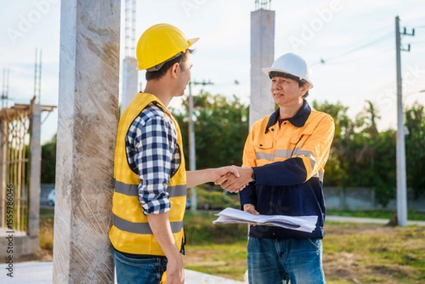 Fototapeta An elderly man and a middle-aged Asian man, both wearing hard hats and reflective vests, closely inspect construction blueprints on site amid an active construction site with beams and columns