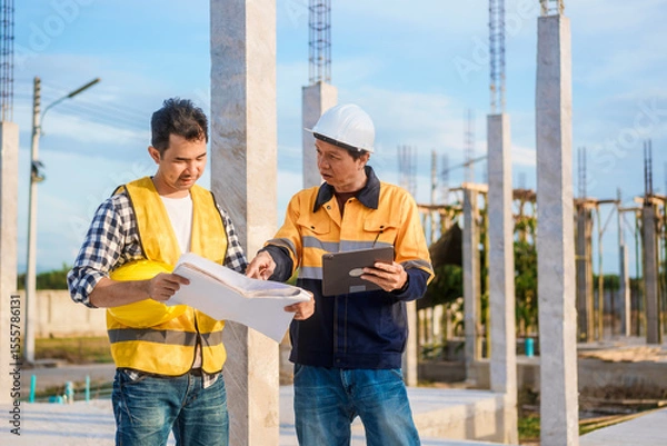 Fototapeta An elderly man and a middle-aged Asian man, both wearing hard hats and reflective vests, closely inspect construction blueprints on site amid an active construction site with beams and columns