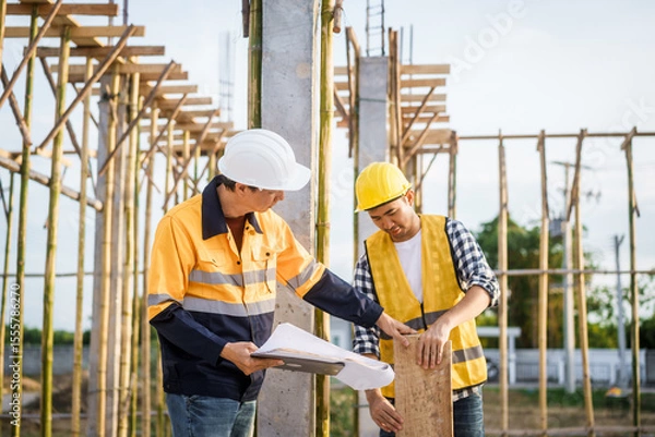 Fototapeta An elderly man and a middle-aged Asian man, both wearing hard hats and reflective vests, closely inspect construction blueprints on site amid an active construction site with beams and columns